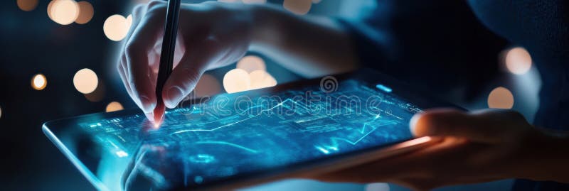 Digital tablet use for data analysis with a glowing interface in a dark environment during a creative session royalty free stock photography