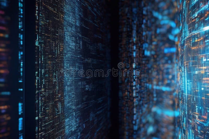 The digital tapestry a symphony of code and light. A close-up image of a computer screen stock illustration