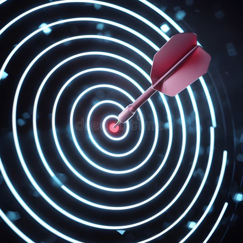 Digital dartboard with dart in bullseye, futuristic glowing design royalty free illustration