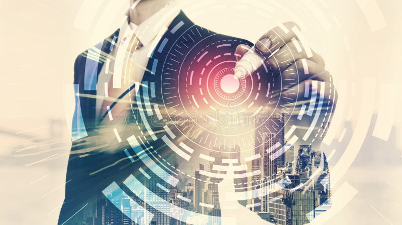 Digital-Technologie-Kreis mit Doppelbelichtung des Geschäftsmannes stock abbildung Digital-Technologie-Kreis mit Doppelbelichtung des Geschäftsmannes stock abbildung