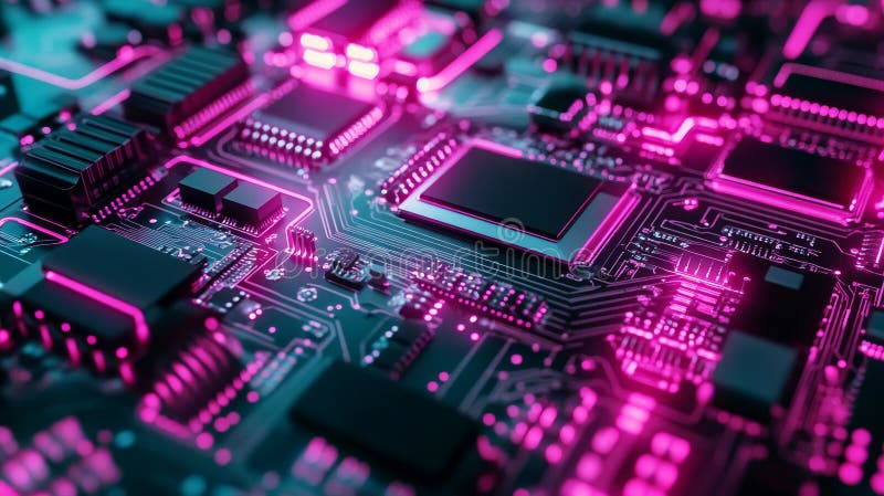 The digital technology background offers a 3D hologram embedded in an isometric AI chip, as well as a circuit background royalty free stock images