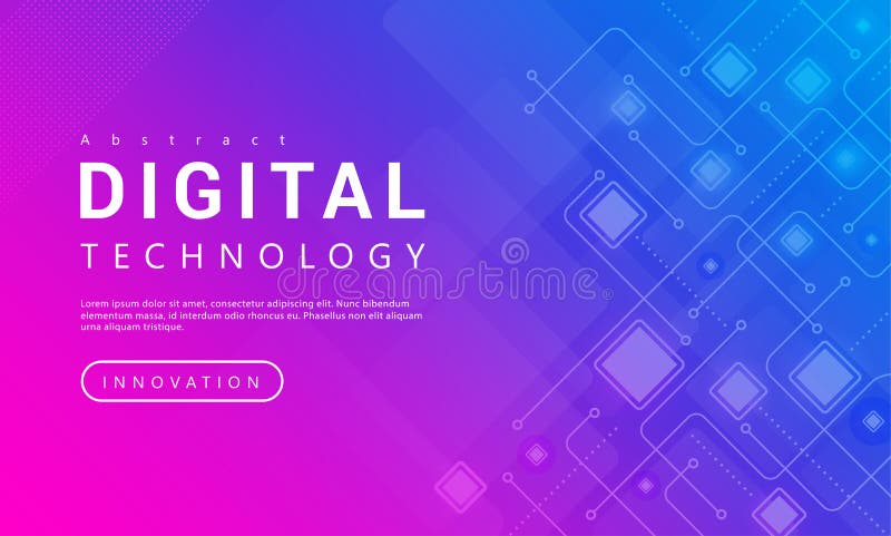 Digital technology banner pink blue background concept with technology line light effects, abstract tech