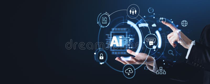 Digital technology concept with AI interface and hands interacting royalty free stock photography