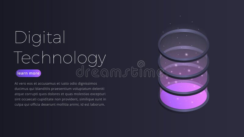 Digital technology isometric concept. Illustration of futuristic datacenter, big data processing, server hosting vector illustration