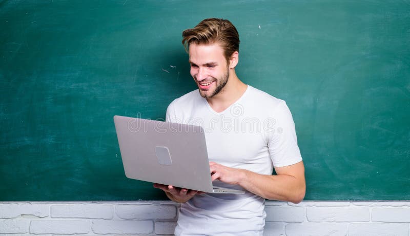 Digital technology. Surfing internet. Online communications. Programming web development. Digital concept. Student learn digital world. School teacher with laptop. Handsome man use modern technology.