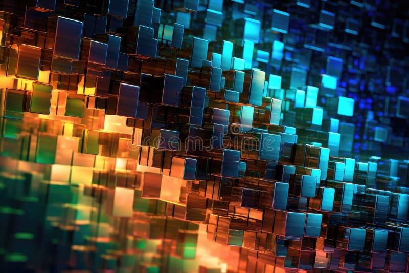 Fusion of geometric shapes, metallic surfaces, and illuminated lines. Generative AI stock illustration