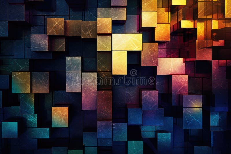 Fusion of geometric shapes, metallic surfaces, and illuminated lines. Generative AI stock illustration