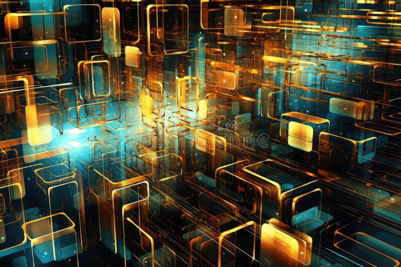 Fusion of geometric shapes, metallic surfaces, and illuminated lines. Generative AI royalty free illustration