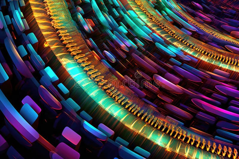 Fusion of geometric shapes, metallic surfaces, and illuminated lines. Generative AI royalty free illustration