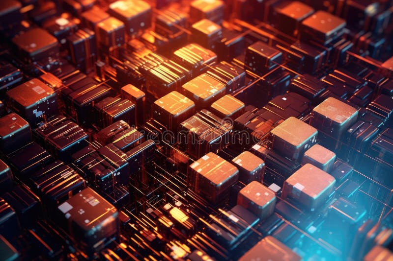 Fusion of geometric shapes, metallic surfaces, and illuminated lines. Generative AI stock illustration