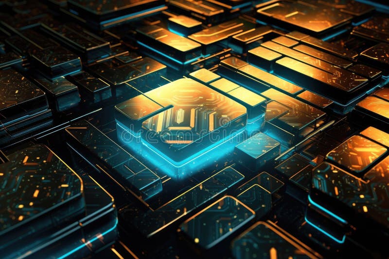 Fusion of geometric shapes, metallic surfaces, and illuminated lines. Generative AI vector illustration