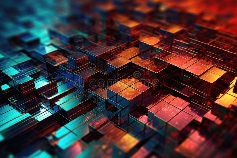 Fusion of geometric shapes, metallic surfaces, and illuminated lines. Generative AI stock illustration