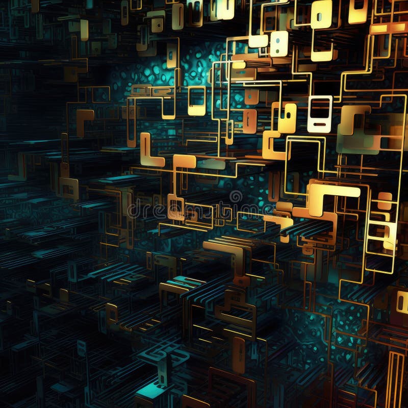 Fusion of geometric shapes, metallic surfaces, and illuminated lines. Generative AI royalty free illustration