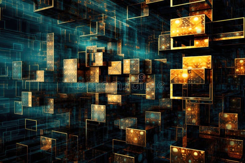 Fusion of geometric shapes, metallic surfaces, and illuminated lines. Generative AI royalty free illustration
