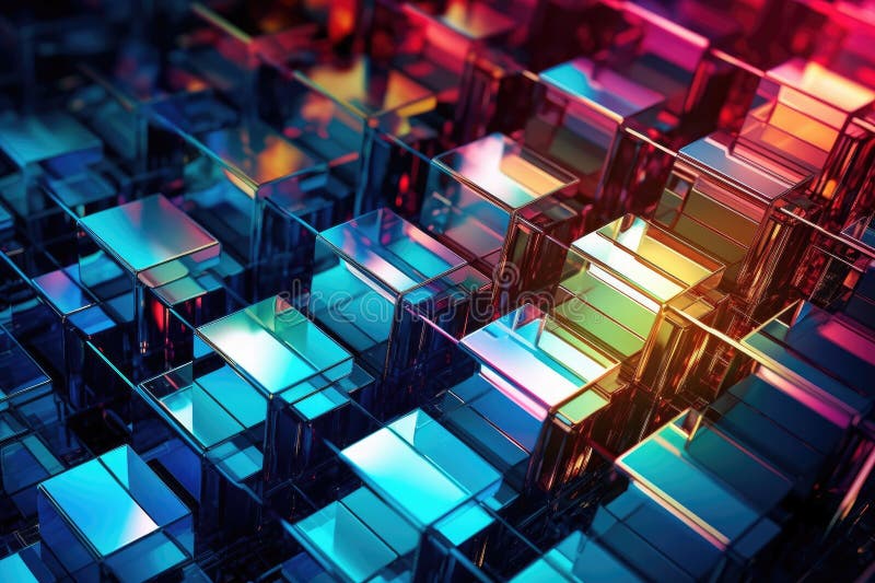 Fusion of geometric shapes, metallic surfaces, and illuminated lines. Generative AI stock illustration