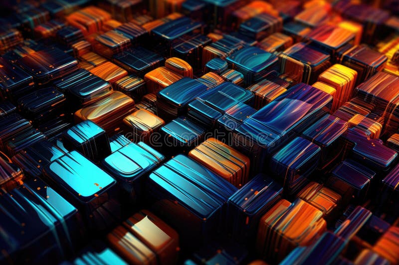 Fusion of geometric shapes, metallic surfaces, and illuminated lines. Generative AI vector illustration