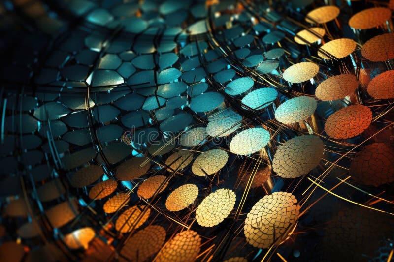 Fusion of geometric shapes, metallic surfaces, and illuminated lines. Generative AI vector illustration