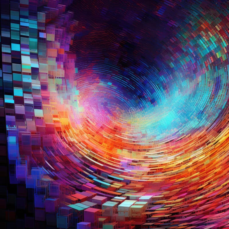 Fusion of geometric shapes, metallic surfaces, and illuminated lines. Generative AI stock illustration
