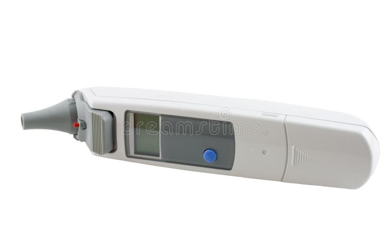 Un termometro digitale isolato su bianco con tracciato di ritaglio.