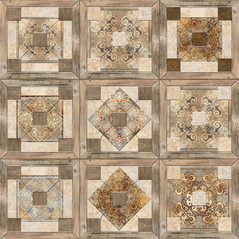 3D Render Ceramic Wall Tiles Decoration. Abstract Damask Patchwork