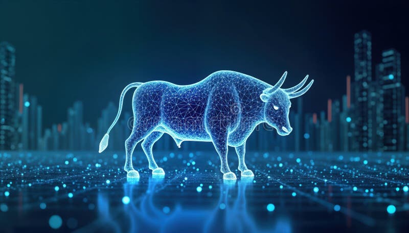 Digital tjur-symbol står på teknikgolvet mot stadsbakgrunden. Lågt format för trådram. Finansieringsteknologi. Trendy-bild. stock illustrationer