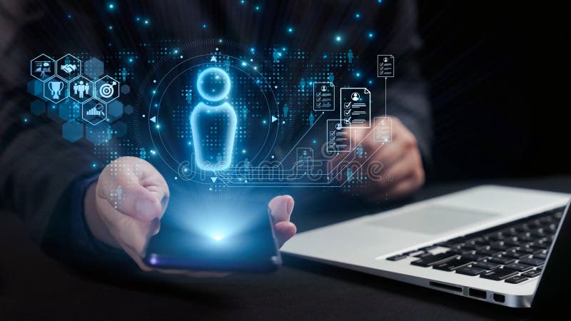 Digital Transformation Concept with Modern Technology, Smartphone Interaction, Virtual Avatars, and Data Overlay on Dark stock image