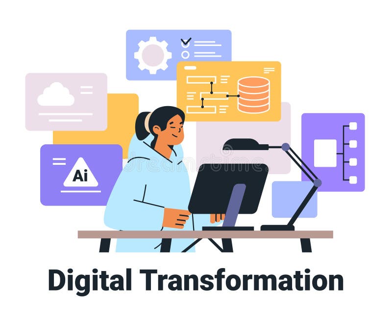 Digital Transformation Konzept Frau Arbeit Technologie farbige Interface Elemente Technik Icons Schreibtisch Computer stock abbildung