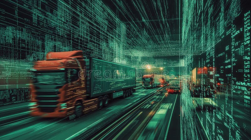Digital Transformation in Logistics: Pixelated, digitized images of trucks, ships stock photos