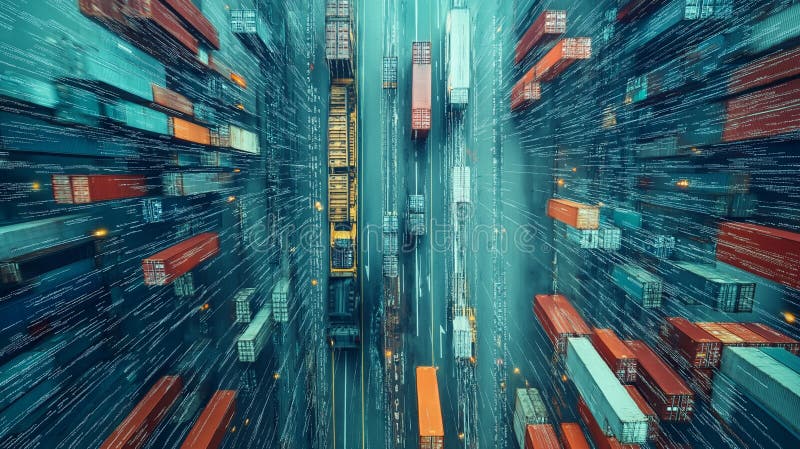 Digital Transformation in Logistics: Pixelated, digitized images of trucks, ships royalty free stock photos