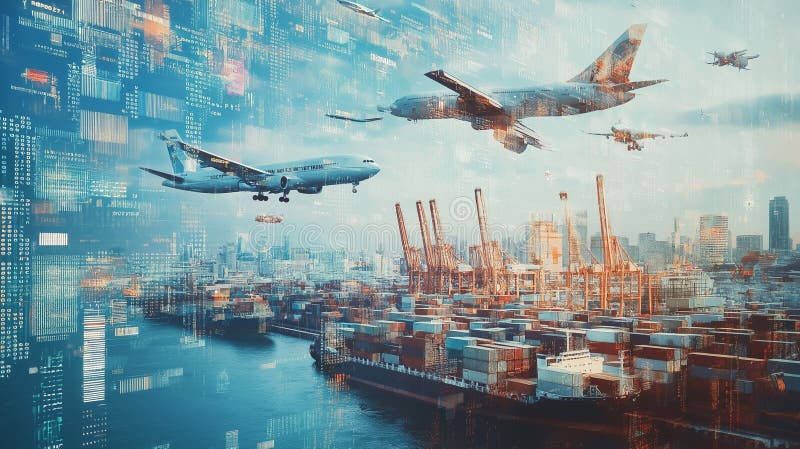 Digital Transformation in Logistics: Pixelated, digitized images of trucks, ships royalty free stock image