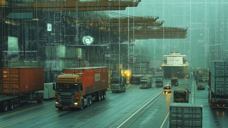 Digital Transformation in Logistics: Pixelated, digitized images of trucks, ships stock photo