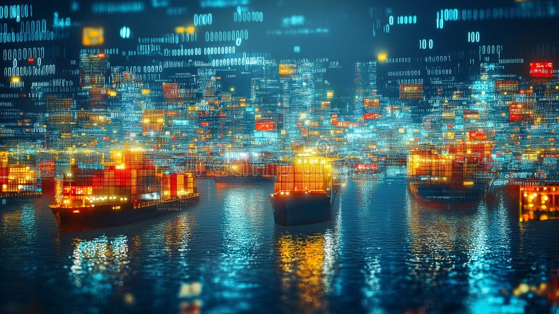 Digital Transformation in Logistics: Pixelated, digitized images of trucks, ships, and planes, blending seamlessly with binary codes and algorithms AI generated