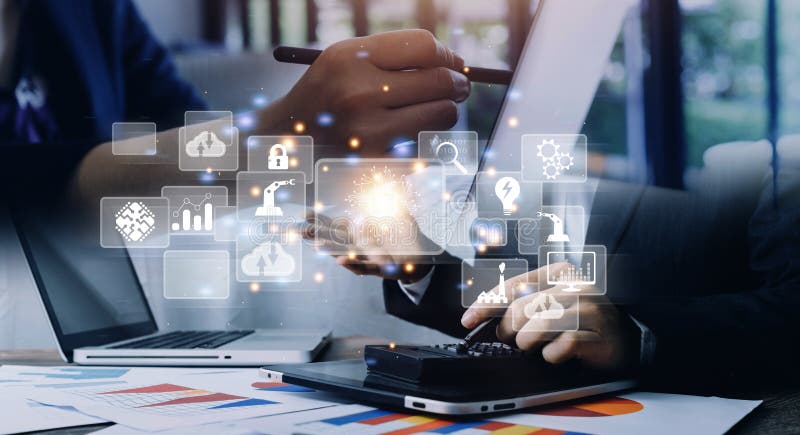 Digital transformation technology strategy, digitization and digitalization of business processes and data, optimize and automate stock photography
