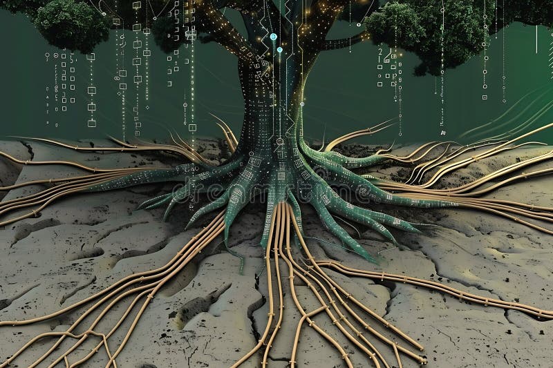 Digital Tree : Ein Netzwerk von Wurzeln und Datenströmen lizenzfreie abbildung