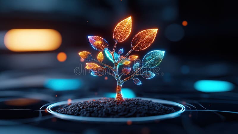 Digital tree growing in a high-tech environment with glowing effects royalty free illustration