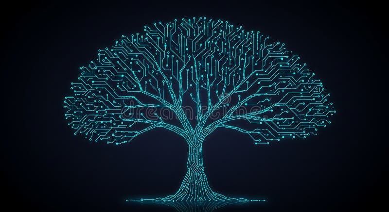 A digital tree with intricate circuitry branches is depicted against a dark royalty free illustration