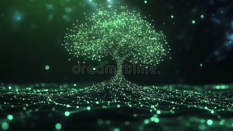 Digital Tree of Life Glowing Green Network of Nodes and Connections on Dark Background stock illustration