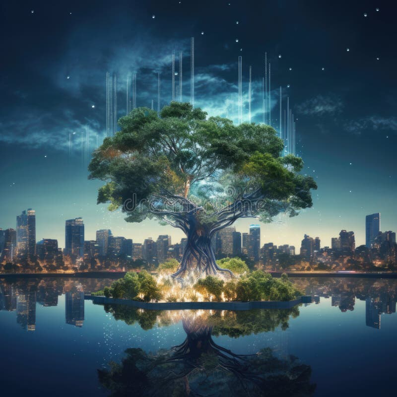 Digital tree with sprouts and binary code in glowing futuristic style royalty free illustration