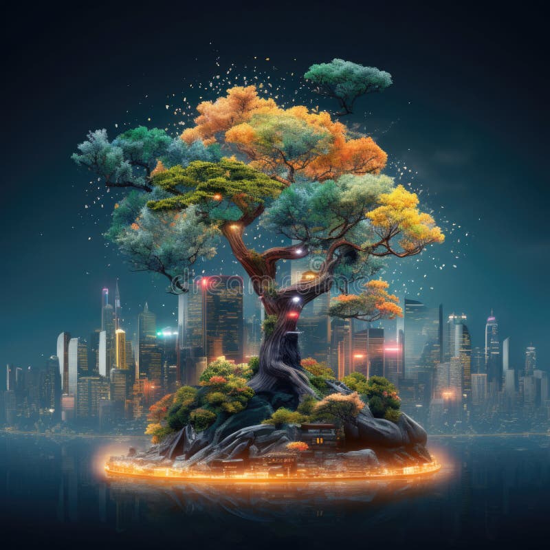Digital tree with sprouts and binary code in glowing futuristic style vector illustration