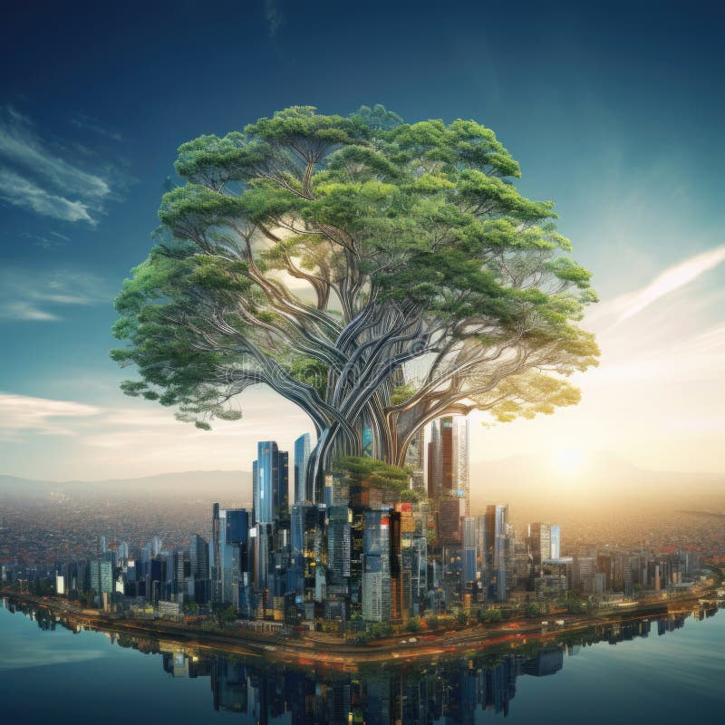 Digital tree with sprouts and binary code in glowing futuristic style royalty free illustration