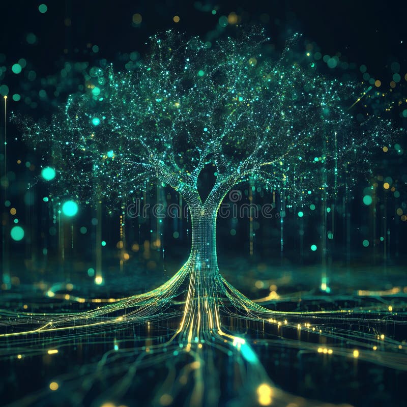 Digital Tree Whose Branches Consist of Glowing Lines and Data Holograms ...
