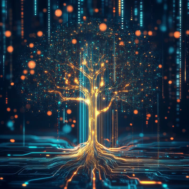 Digital Tree Whose Branches Consist of Glowing Lines and Data Holograms ...