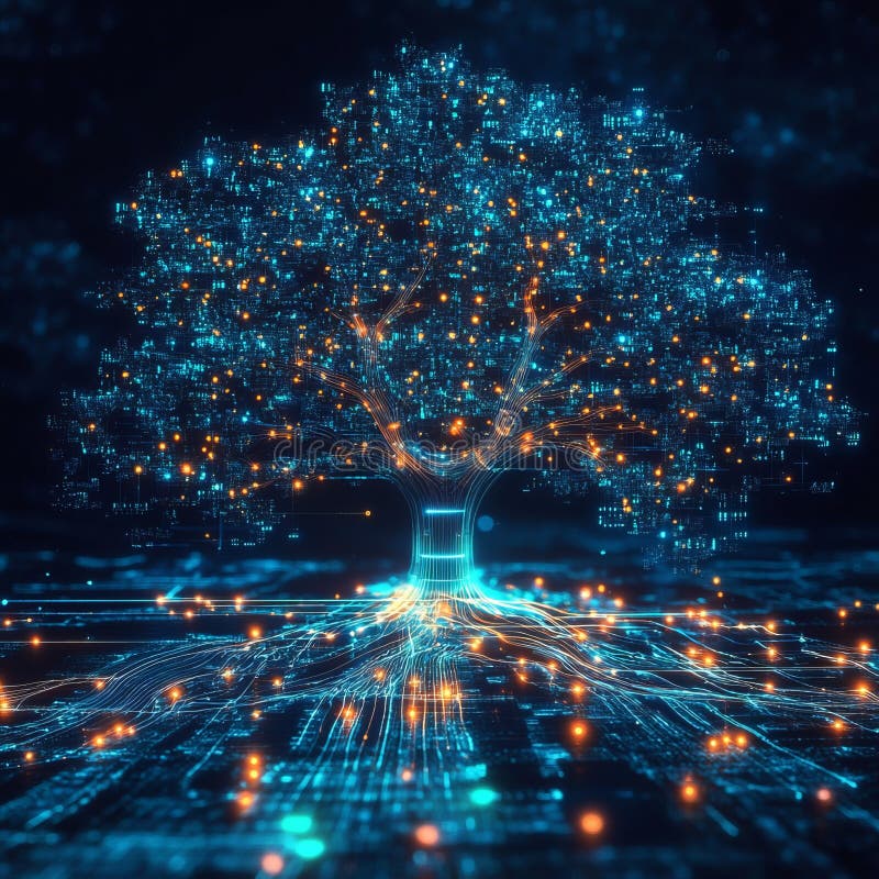 Digital Tree Whose Branches Consist of Glowing Lines and Data Holograms ...