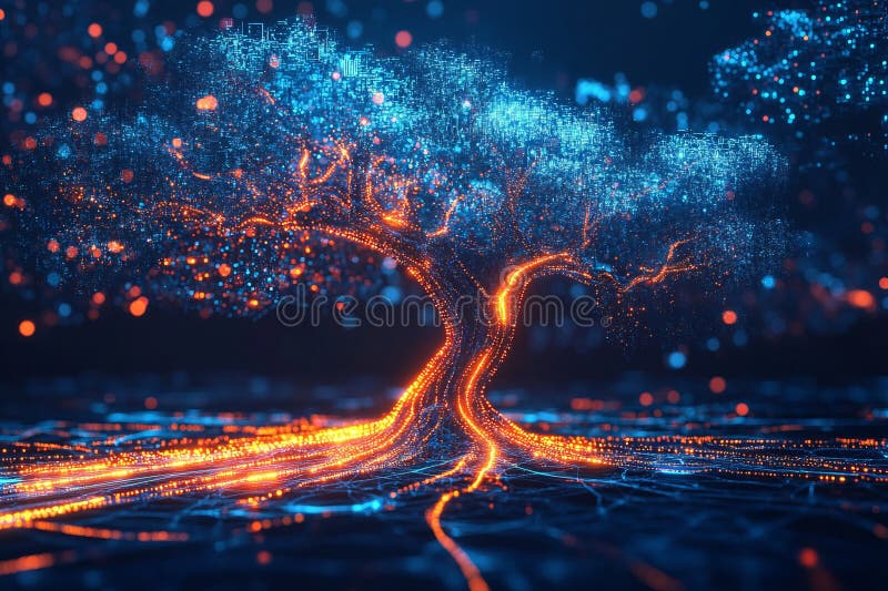 Digital Tree Whose Branches Consist of Glowing Lines and Data Holograms ...