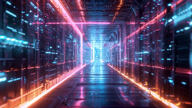 Digital tunnel in cyber space, abstract tech data texture background. Perspective view of futuristic corridor in neon lights. Concept of technology, future, network, simulation, speed. Generative AI