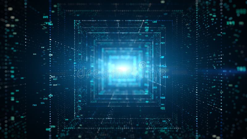 Digital tunnel of cyberspace with particles and Digital data, Technology network connections background concept stock illustration