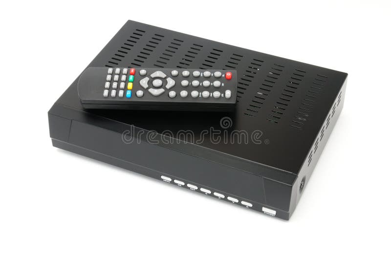 Digital TV Tuner with Remote Control on White Background Stock Photo