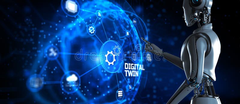 Digital Twin Creating Virtual Representations Illustrated with a Robot Pressing a Button on a Virtual Screen. 3D render stock illustration