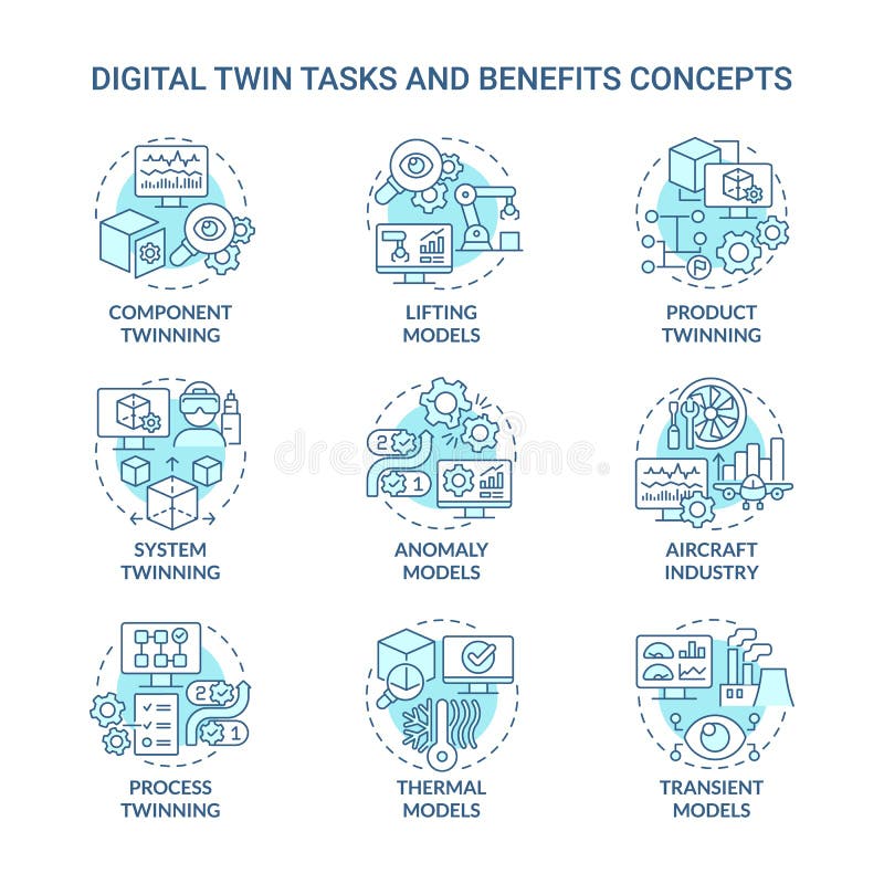 Digital twin tasks turquoise concept icons set stock illustration