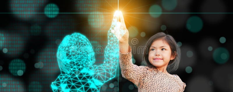 Digital twins-koncept. ett flickfinger ansluter med sitt digitala finger för att aktivera både det fysiska och det digitala royaltyfri bild